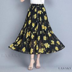 Lasaky - Floral-printed Midi Skirt: A Stylish and Versatile Addition to Your Wardrobe Black Floral Print Skirt For Summer, Summer Long Printed Skirt, Non-stretch Multicolor Floral Print Skirt, Casual Printed Maxi Skirt For Summer, Printed Long Skirt For Summer, Casual Non-stretch Floral Print Maxi Skirt, Casual Non-stretch Floral Maxi Skirt, Non-stretch Yellow Skirt For Summer, Casual Long Printed Skirt