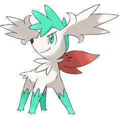 a drawing of a white and green pokemon with red wings on it's head