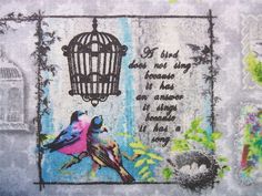 a bird in a cage with words on it