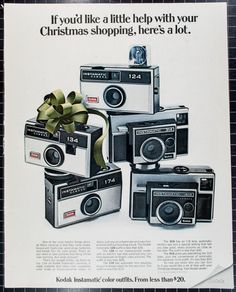 an advertisement for kodak's christmas cameras from the 1950's, featuring four different models