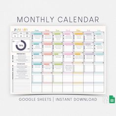 the printable calendar for google sheets is displayed on a white background with green and blue accents