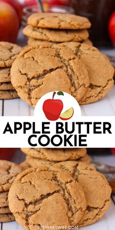 apple butter cookies stacked on top of each other with apples in the background and text overlay