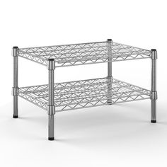 a metal shelf with two shelves on each side and one shelf below it, against a white background