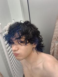 Mens Multicolor Hair, Died Curly Hair Men, Male Peekaboo Hair, Black Blue Hair Men, Dyed Male Hair, Blue Hair Black Tips, Navy Blue Hair Men, Dyed Long Hair Men, Blue Curly Hair Men