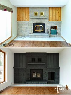 before and after pictures of a fireplace in a living room with wood paneling on the walls