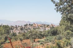 the city is surrounded by trees and hills in the distance, with mountains in the background