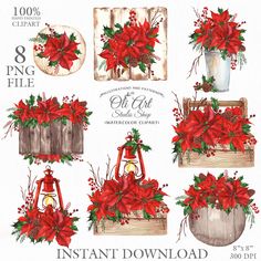 christmas decorations with poinsettis and bells on the front, in watercolor