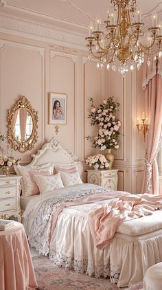 a bedroom with pink and white decor, chandelier, bedding, and curtains