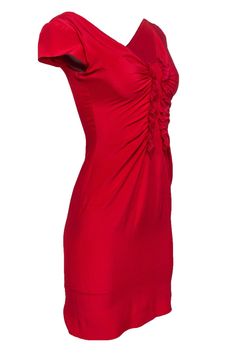 Light up the night with this fiery frock from Valentino! Made with cap sleeves and fun ruffled front, pair this with some black tights and your favorite T-strap heels for a party ready look that you can wear again and again. Size S 60% Acetate, 40% Silk Fitted, A-line silhouette Plunge neckline Ruffled front Scoop back design Hidden side zipper Waist 27" Bust 31" Total length 36" Fitted Mini Dress With Cap Sleeves And Ruffles, Fitted Cap Sleeve Dress With Ruffles, Cap Sleeve Mini Dress With Ruffles, Fitted Cap Sleeve Party Dress, Fitted Party Dress With Cap Sleeves, Stretch Cap Sleeve Party Dress, Fitted Cap Sleeve Mini Dress For Night Out, Party Stretch Dress With Cap Sleeves, Red Stretch Mini Dress With Ruffles