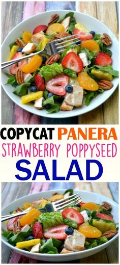 two plates filled with different types of salads and the words copycat panera strawberry poppy seed salad