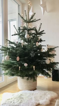 a small christmas tree in a pot on the floor