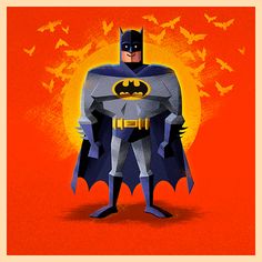 the batman is standing in front of an orange background with birds flying around him and on his chest