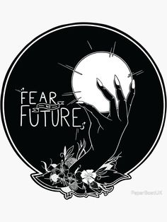 a black and white logo with the word fear in it's center, surrounded by flowers