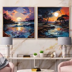 there are two paintings on the wall in this living room, one is colorful and the other is beautiful