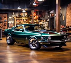 a green muscle car parked inside of a garage next to a wall with clocks on it