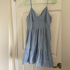 Blue Tiered Sundress With Adjustable Spaghetti Straps And Eyelet Embroidery, Never Worn, Size M Light Blue Cotton Sundress For Spring, Casual Cotton Cami Sundress, Light Blue Spaghetti Strap Sundress Casual, Spring Cotton Cami Sundress, Light Blue Casual Sundress With Spaghetti Straps, Light Blue Cotton Sundress For Brunch, Blue Cotton Sundress With Spaghetti Straps, Blue Cami Sundress For Spring, Cotton Cami Sundress