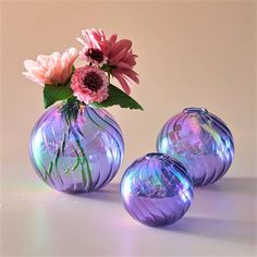 three purple vases with flowers in them on a table