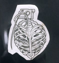 a drawing of a ribcage with a camera in the middle and heart on it