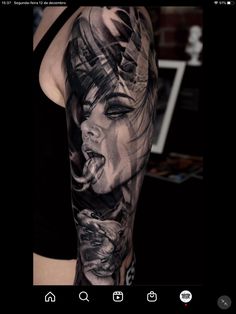 Scary Realism Tattoo, Portrait Tattoo Ideas Faces, Arm Sleeve Tattoos For Women Unique, Demonic Tattoos, Nautical Tattoo Sleeve, Black Sleeve Tattoo, Geisha Tattoo Design, Pop Art Face, Arm Sleeve Tattoos For Women