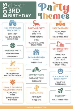 a poster with the words party themes and other things to do for your child's birthday