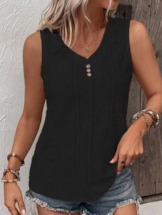 Loose V Neck Casual Buttoned Eyelet Embroidery Front Tank Top | justfashionnow Elegant Maternity Dresses, Dress With Ruffle Sleeves, Button Decor, Round Neck Casual Dress, Plus Size Tank Tops, Casual Tank Tops, Plus Size Casual, Black Tank Tops, Half Sleeves