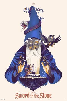 the wizard is holding his hands up in front of him, with two birds flying around