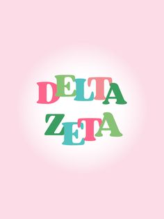 the words delta zea written in multicolored letters on a light pink background