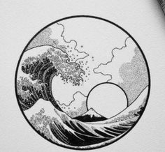 an ink drawing of the great wave in black and white