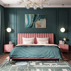 a bedroom with green walls and pink bed in the center, along with an art work on the wall