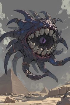 an illustration of a giant monster with sharp teeth and huge fangs on its face, in front of the pyramids