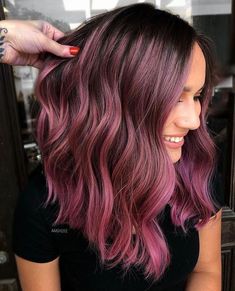 Hombre Pink Hair, Muted Fashion Colors Hair, Dark Brown Hair Pink Balayage, Pink Bayalage Hair Brunette, Rose Gold Balayage Brunettes Dark Short Hair, Purple Pink Balayage, Dark Brown To Pink Balayage, Pink Hair For Brunettes, Vivid Hair Color Peekaboo