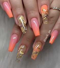 Acrylic Overlay Nails Color, Nails With Gold, Cute Acrylic Nail Designs, Creative Nail Designs, Fall Acrylic Nails, Pretty Nail Art Designs, Summer Acrylic Nails, Pink Acrylic Nails