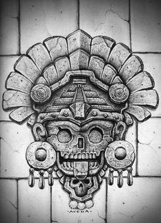 a black and white drawing of a skull wearing a headdress on a brick wall