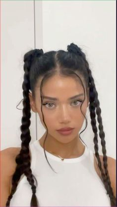 Hair Buns With Braids, Braids With Accessories Hair Ideas, Cute Slick Back Hairstyles Straight Hair, Cute Dance Hairstyles For Short Hair, Half Ponytail With Braid, French Braid Straight Hair, Sweat Tour Hairstyles, Four Ponytails Hairstyles, Slick Braided Pigtails