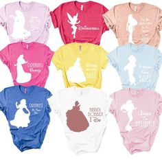 the silhouettes of disney princesses in different colors and sizes are shown on t - shirts