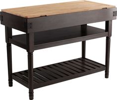 a kitchen island with butcher block top and shelf on the bottom is shown in black