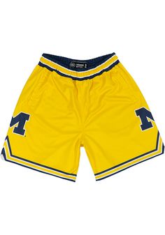 Hit the gym in these Michigan Wolverines Yellow Game Shorts! These Michigan Shorts are the perfect way for any Wolverines fan to show their pride at the gym or while playing sports with their friends. These Michigan Wolverines Shorts feature a sublimated team logo on both legs. Collegiate Athletic Shorts With Team Name For Sports Events, Collegiate Athletic Shorts For Sports Events With Team Name, Collegiate Style Basketball Shorts, Collegiate Sports Team Shorts, Team-colored Basketball Shorts, Collegiate Moisture-wicking Athletic Shorts For Sports, Team-colored Sports Bottoms With Team Logo, Collegiate Athletic Shorts For Sports Events, Team-colored Bottoms For Summer Sports Events