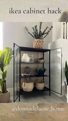 a shelf with plants and baskets on it in front of a window that says ikea cabinet hack