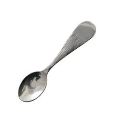 a metal spoon with a black and white design on the handle is shown against a white background