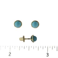 18k Solid Yellow Gold Turquoise paste bead bezel covered screwback earrings Diameter 5mm 0.20 inch Turquoise 4mm = 0.16 inch Perfect for 2 to 10 year old girls Amalia box and bag included Formal Turquoise Round Earrings, Turquoise Round Birthstone Earrings, Turquoise Birthstone Round Earrings, Classic Blue Nickel-free Earrings, Screw Back Earrings, Turquoise Beads, Solid Yellow, Her Style, Elevate Your Style