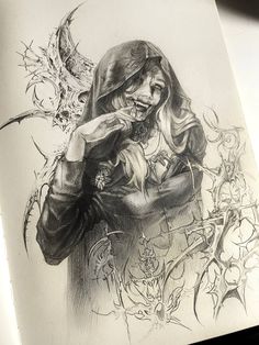 a drawing of a woman holding a knife and looking at something in her hand while wearing a hoodie