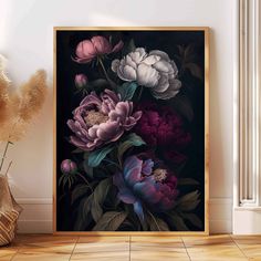 a painting on the wall next to a vase with flowers