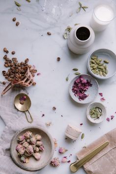 the ingredients are laid out on the table to be used for making desserts or snacks