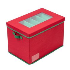 a red storage box with green trimmings