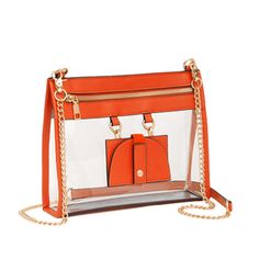 Clear Stadium Bag * Made With Pvc & Faux Leather * Features Top Zipper Closure * Includes Shoulder Chain * Dimensions: 10" W X 8" H X 3" D Clear Stadium Bag, Stadium Bag, Shoulder Chain, Jewelry Bags, Blue Orange, Bag Making, 3 D, Faux Leather, Bag Lady