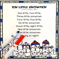 a snowman poem with two pens on top of it and the words ten little snowmen