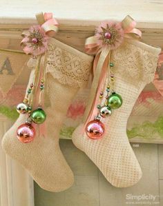 stockings with christmas ornaments hanging from them and the words stocking stuffers on it