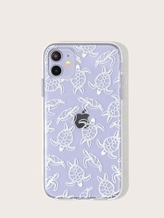 an iphone case with white turtles on purple and white background, the phone has a clear back