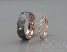 two wedding rings with diamond accents on the inside and outside, set in 18k rose gold