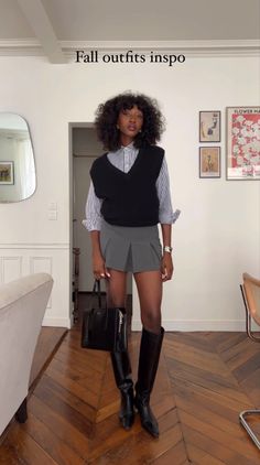 Leather Button Up Outfit, Black Women Preppy Style, Turtleneck And Vest Outfit, Elevated Work Outfit, Short Wool Coat Outfit, Preppy Office Outfit, Mary Janes Outfit Ideas, London Autumn Outfit, Oversized Sweater Vest Outfit